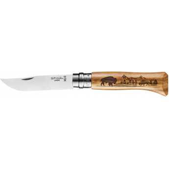 Нож OPINEL №8 ANIMALIA нержавеющая сталь, рукоять дуб, гравировка бизон